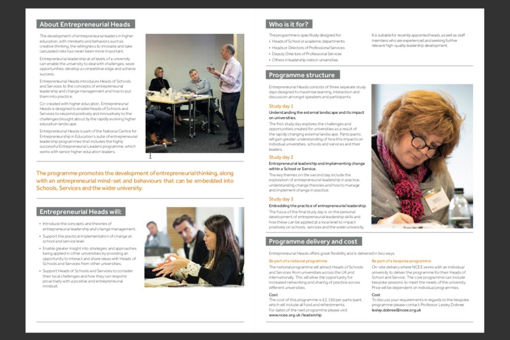 image of a program brochure featuring details about Entrepreneurial Heads, showcasing images of participants engaging in discussions and learning, with content related to entrepreneurial thinking and leadership development for educational leaders, aligned with a focus on schools and services, and emphasizing practical approaches to leadership and entrepreneurial mindsets.